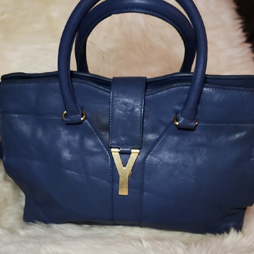 Yves Saint Laurent Deep Blue Satchel with Gold Y Accent